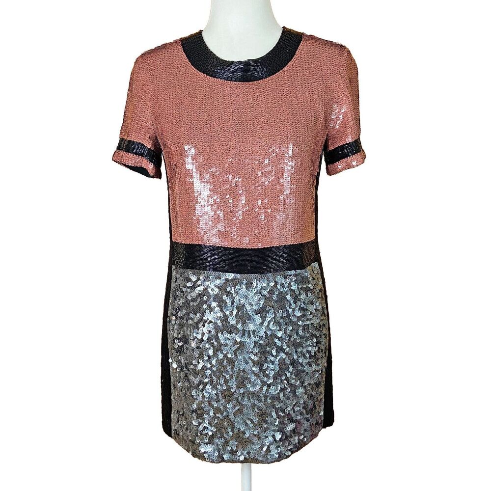 French Connection T-Shelly Sequin Cocktail Mini Dress Size 4 Color Block Beaded